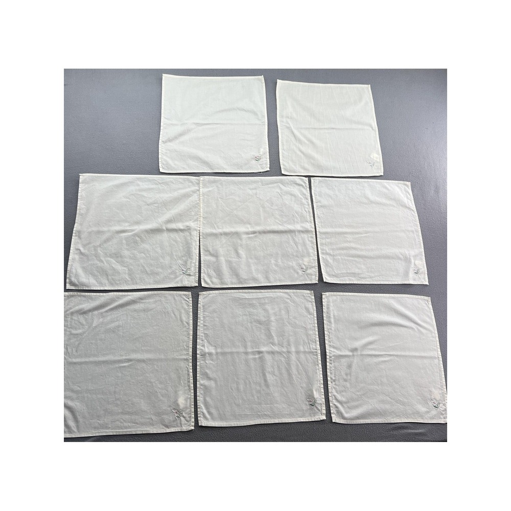 Vintage White Cotton Embroidered Floral Napkins Set of 8 Pink Flower Bud 15in